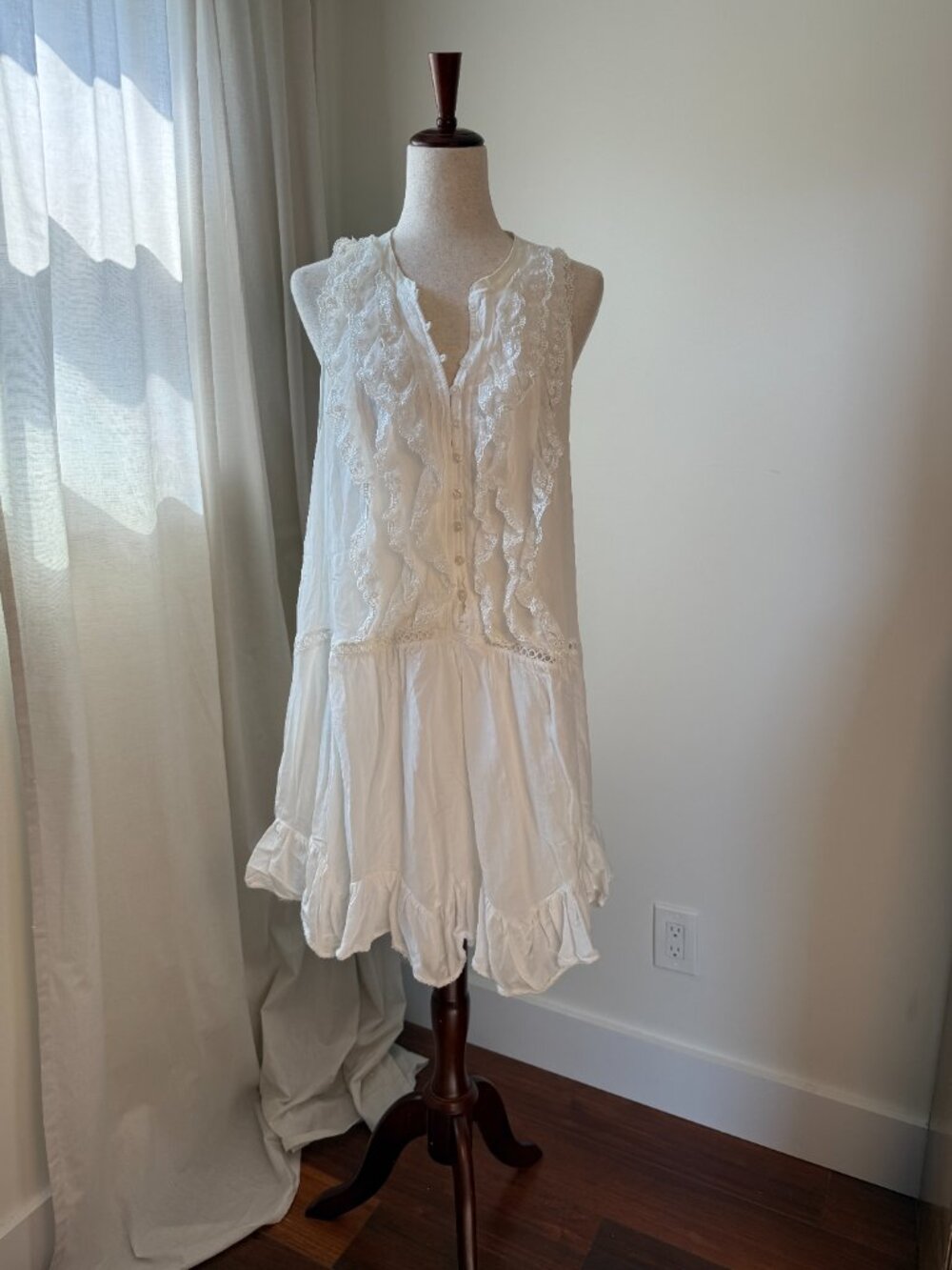 By Anthropologie Lace Ruffle Mini Dress 2X White Button Front Boho - Picture 2 of 9